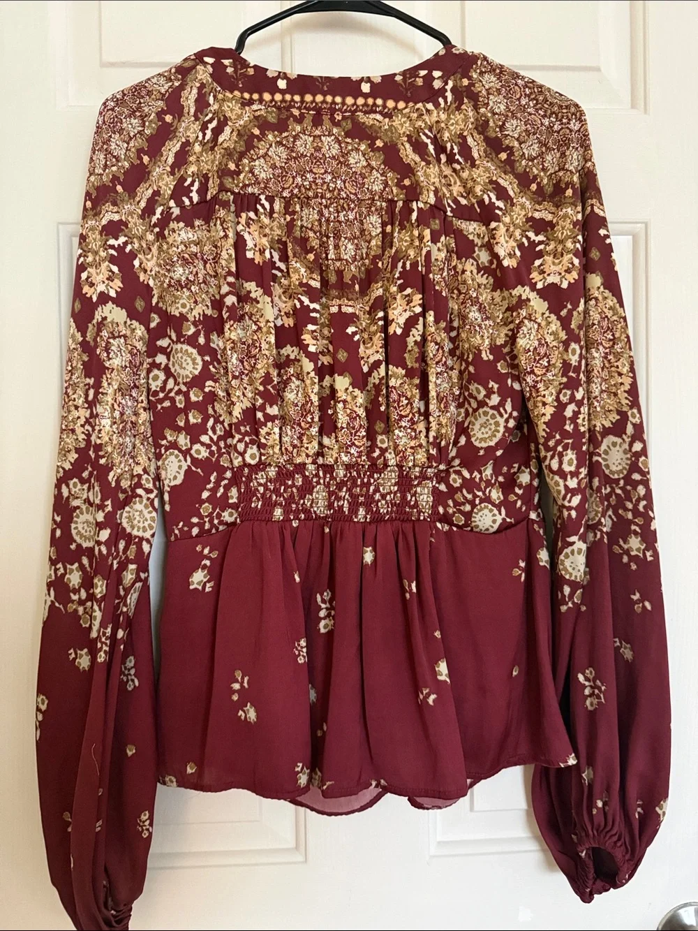 Free People Burgundy Floral Tie-Front Blouse